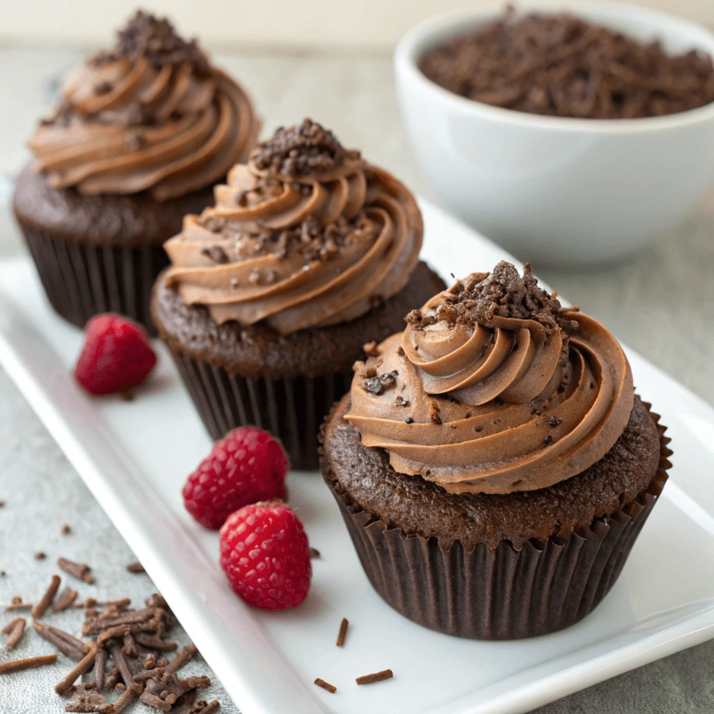 Chocolate cupcakes decorated with creamy frosting and chocolate shavings