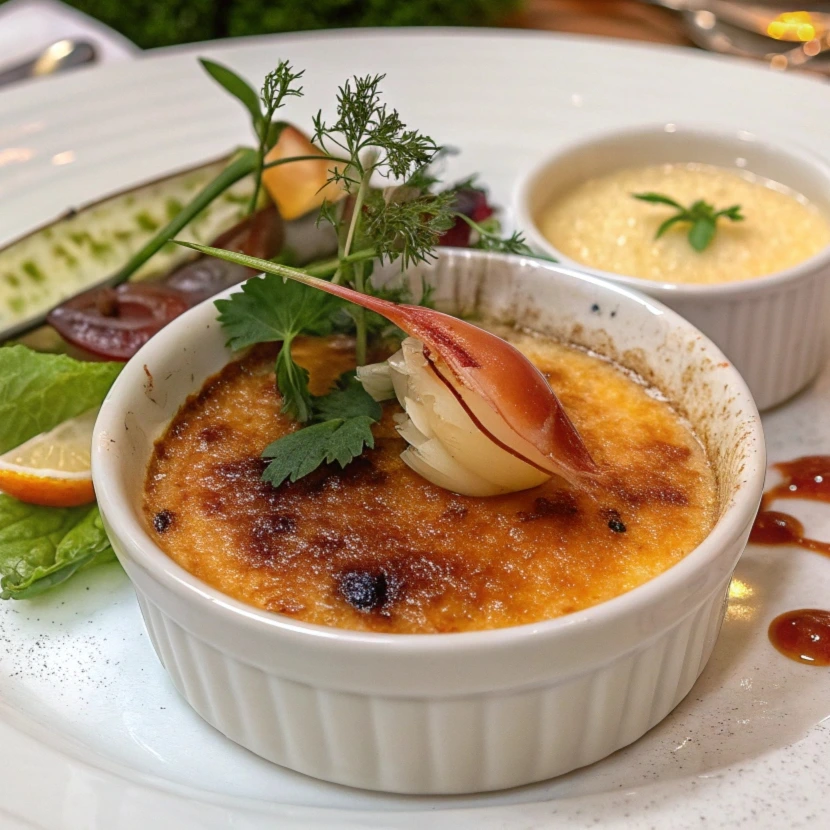 Crab brulee served elegantly on a plate with garnished herbs