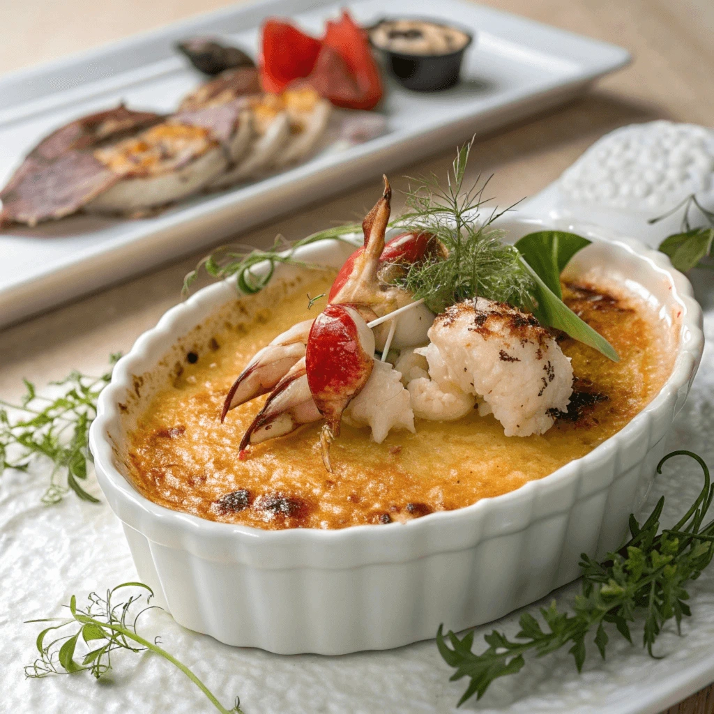 Close-up of crab brulee in a ramekin with a golden caramelized sugar topping