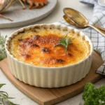 Rich and Creamy Crab Brulee with a Golden Caramelized Crust, Served in a Ramekin and Garnished with Fresh Herbs