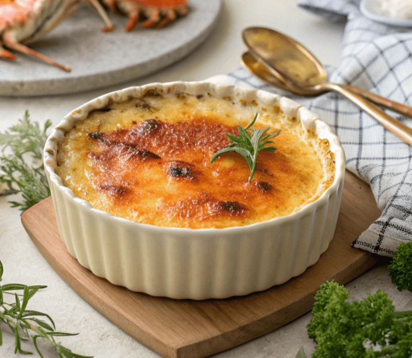 Rich and Creamy Crab Brulee with a Golden Caramelized Crust, Served in a Ramekin and Garnished with Fresh Herbs