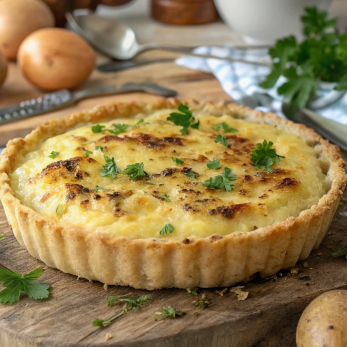 Golden brown Passover potato pie topped with fresh herbs, served on a festive table with traditional Passover decorations