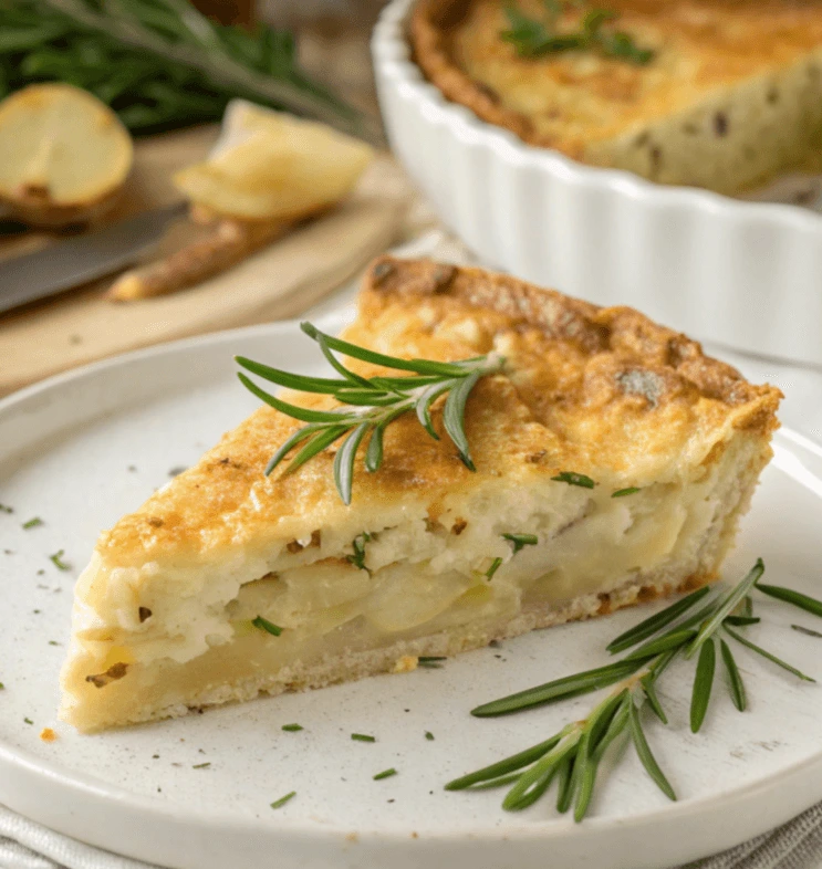 A slice of Passover potato pie with a golden crust, garnished with fresh herbs, placed on a plate with a fork.