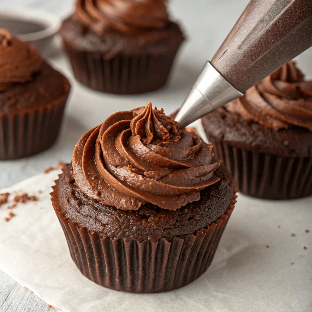 Smooth chocolate frosting ready to decorate cupcakes