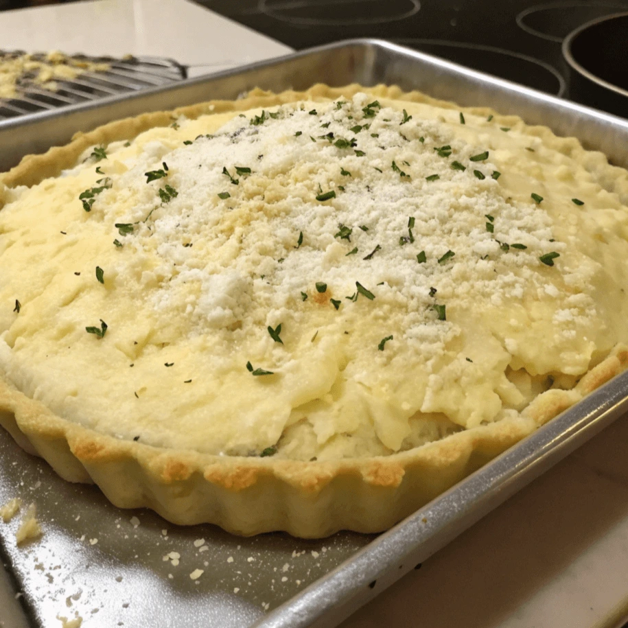 Passover potato pie before baking, with a creamy potato filling in a pie crust, ready to be baked.